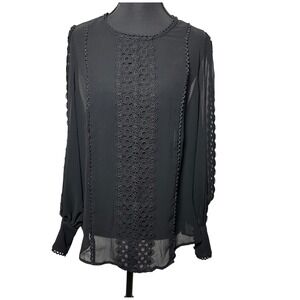 Joie Black Lace Appliqué Sheer Long Sleeve Modest Elegant Evening Wear Women M